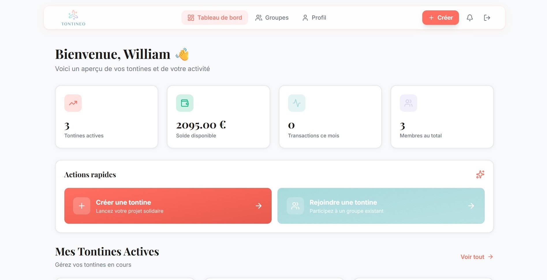 Tableau de bord Tontineo - Interface moderne de gestion de tontines